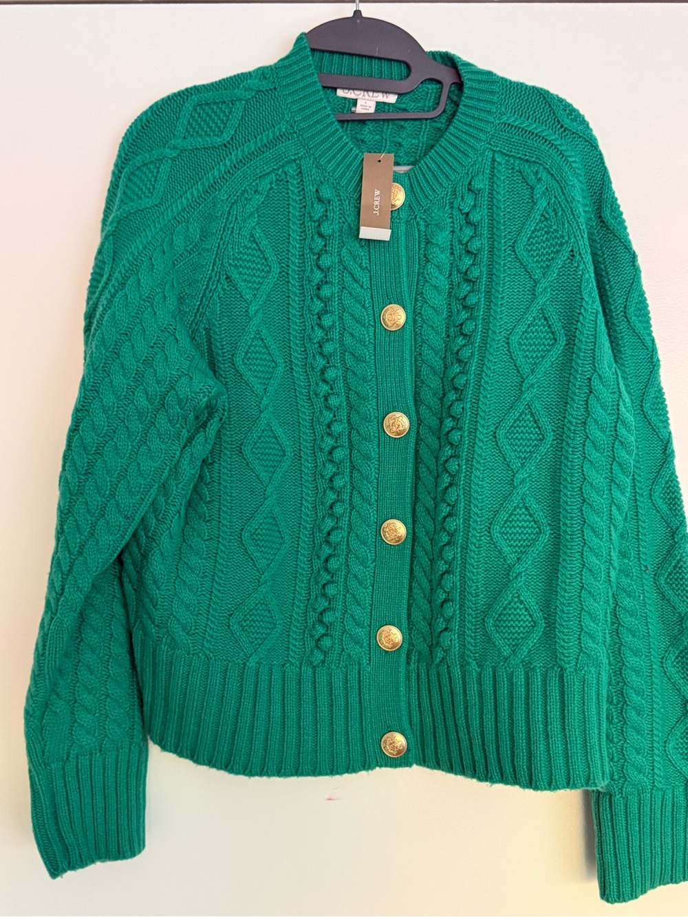 J. Crew Kelly Green Cable Knit Cardigan with Gold Buttons